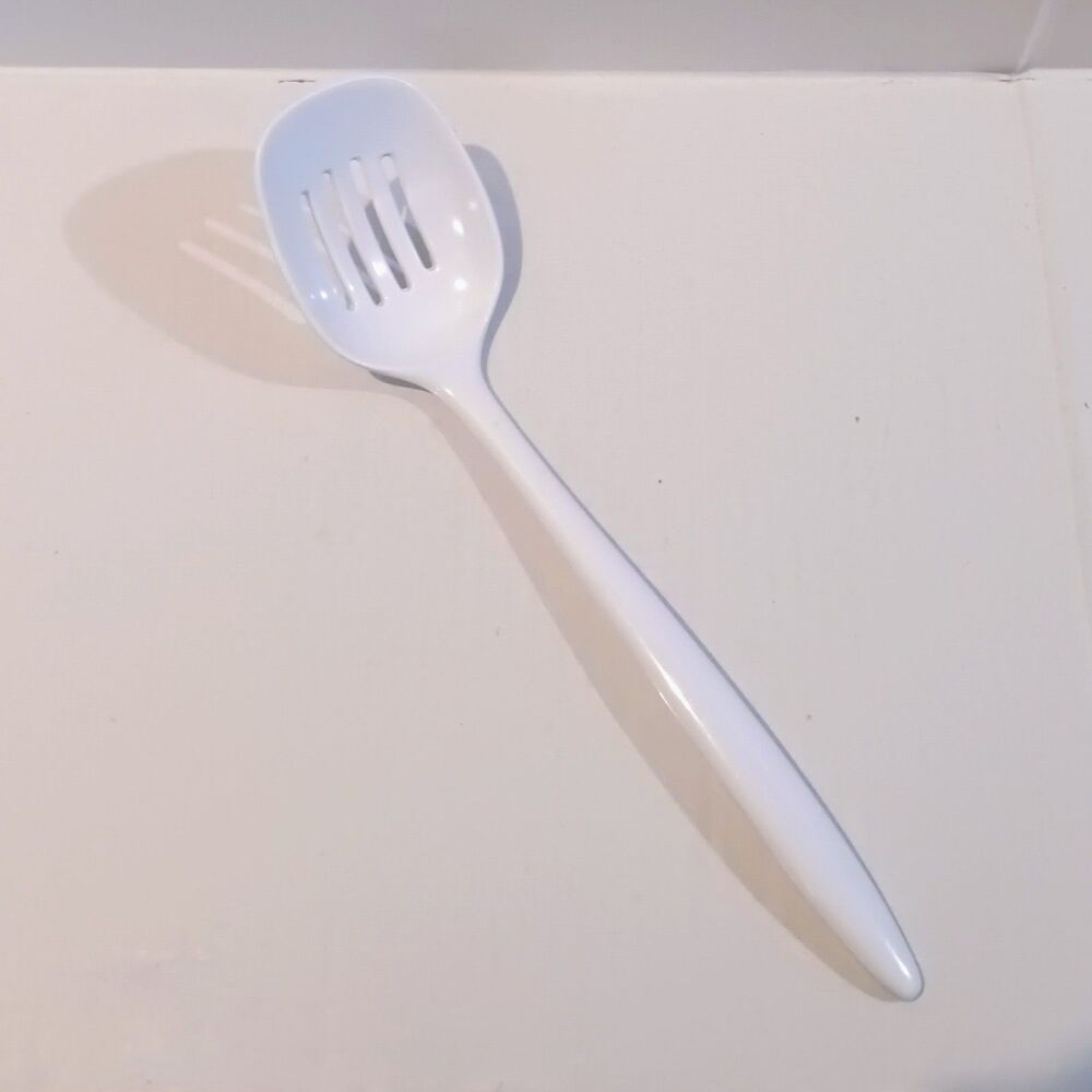 Vintage Mala Melamine Slotted Serving Spoon-White-1980s-Non Stick Safe-11.5"